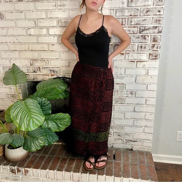 Vintage Mary Flaherty Ireland Wool Wrap Tapestry Fringe Purple Green Maxi Skirt - Picture 2 of 10